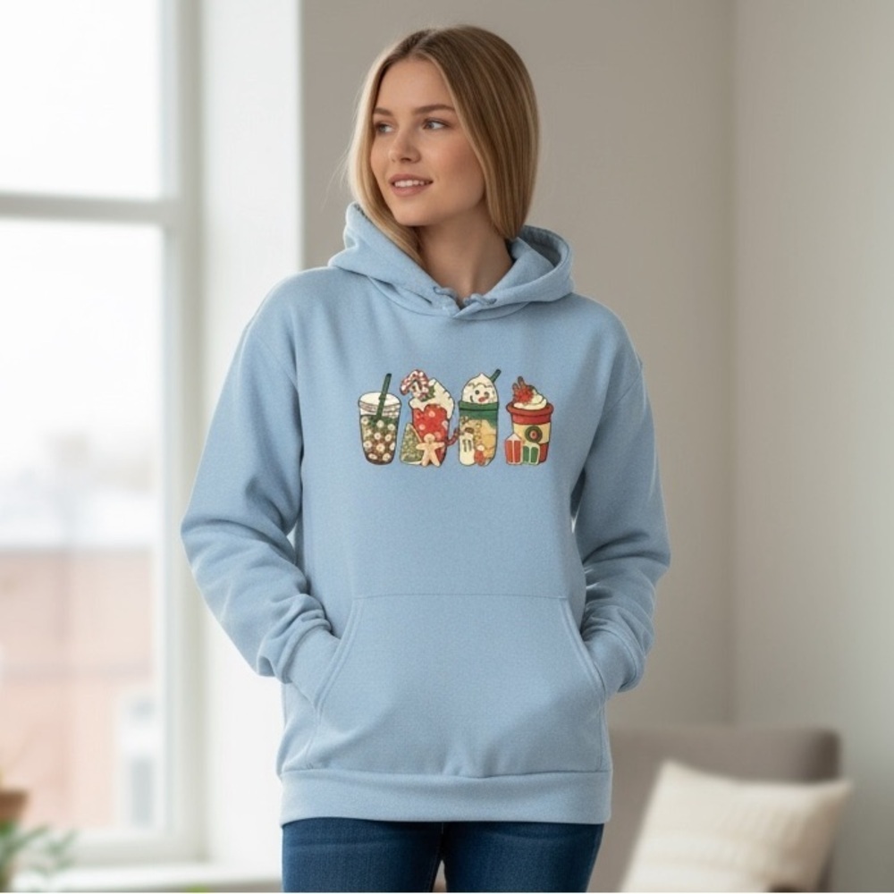 NWOT Blue Holiday Coffee Drinks Hoodie Sweatshirt Size M Cute Christmas Winter